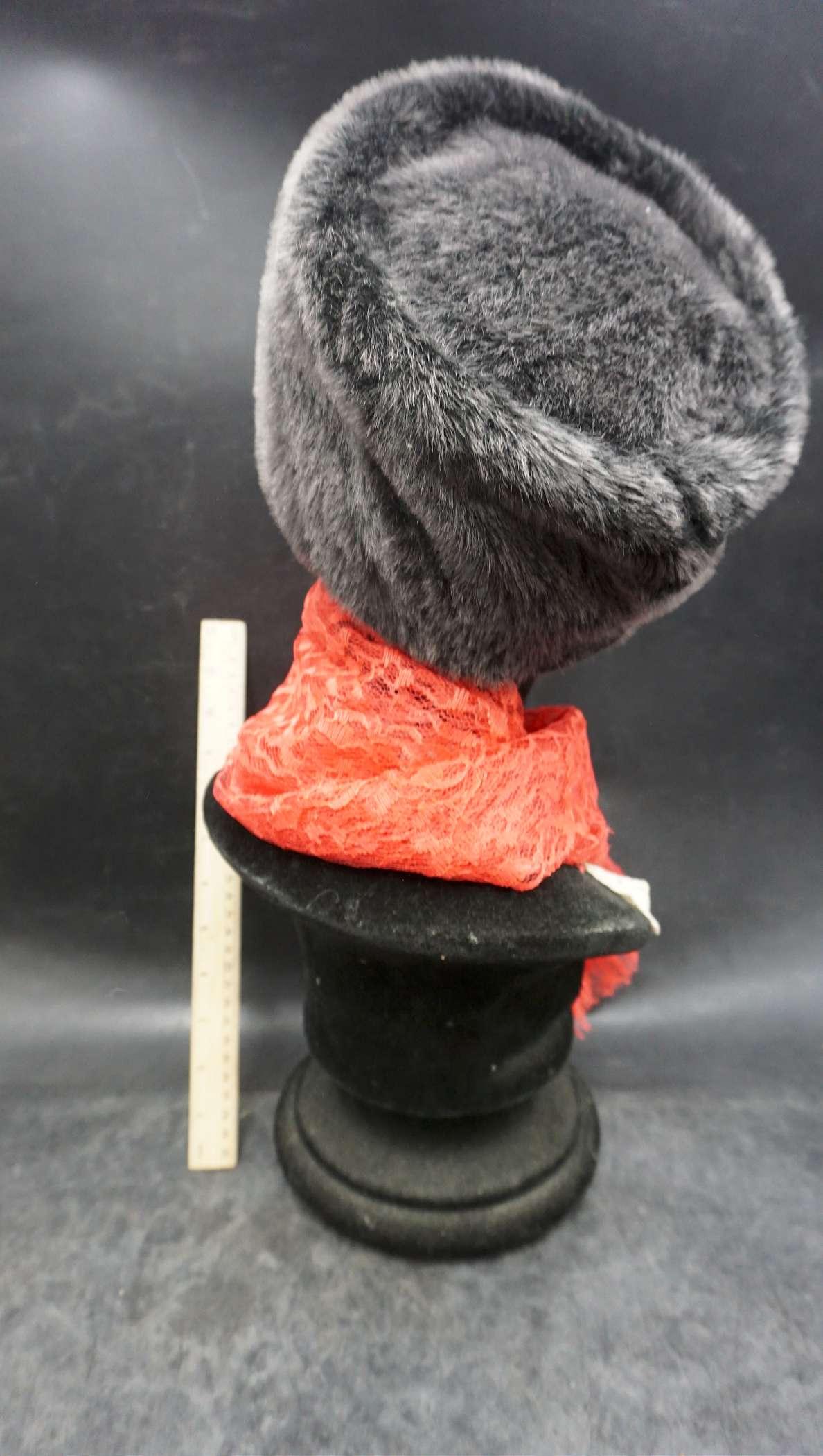 Red Lace Remnant Scarf, Styrofoam Head & Fur Hat
