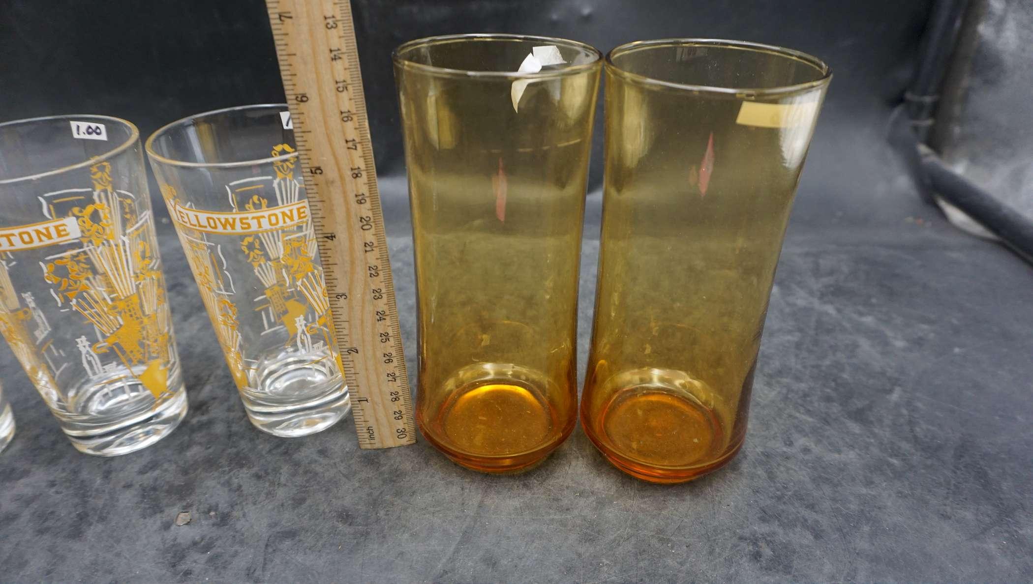 4 Yellowstone Glasses & 2 Amber Covered Vases