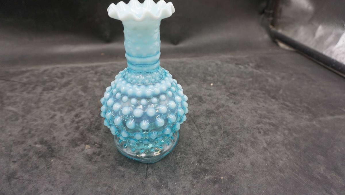 Fenton Blue Hobnail Ruffled Vase