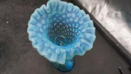 Fenton Blue Hobnail Ruffled Vase W/ Tail