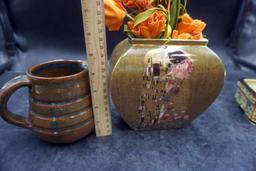 Stoneware Pitcher, Containers & Vase W/ Flowers