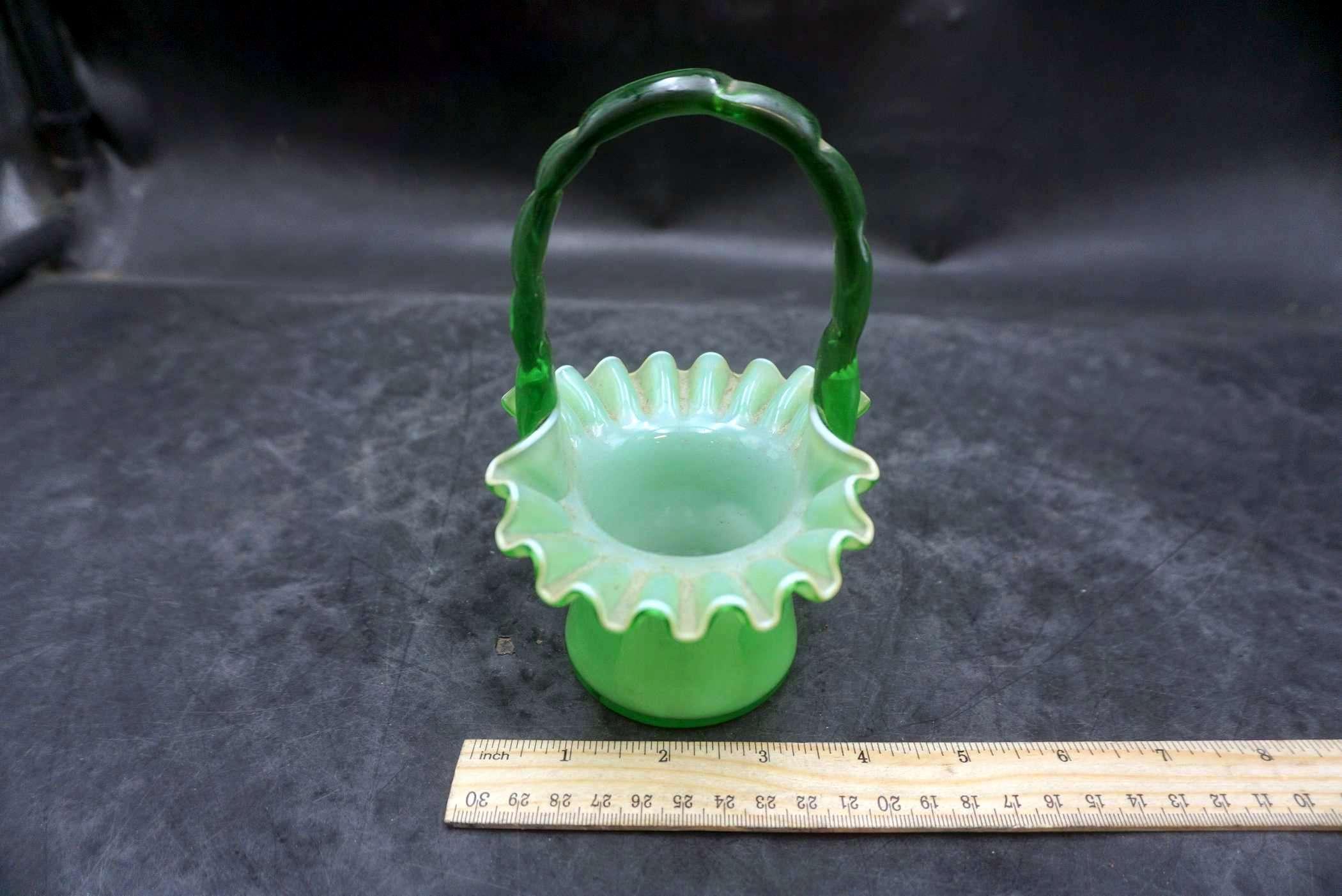 Green Glass Ruffled Basket W/ Handle