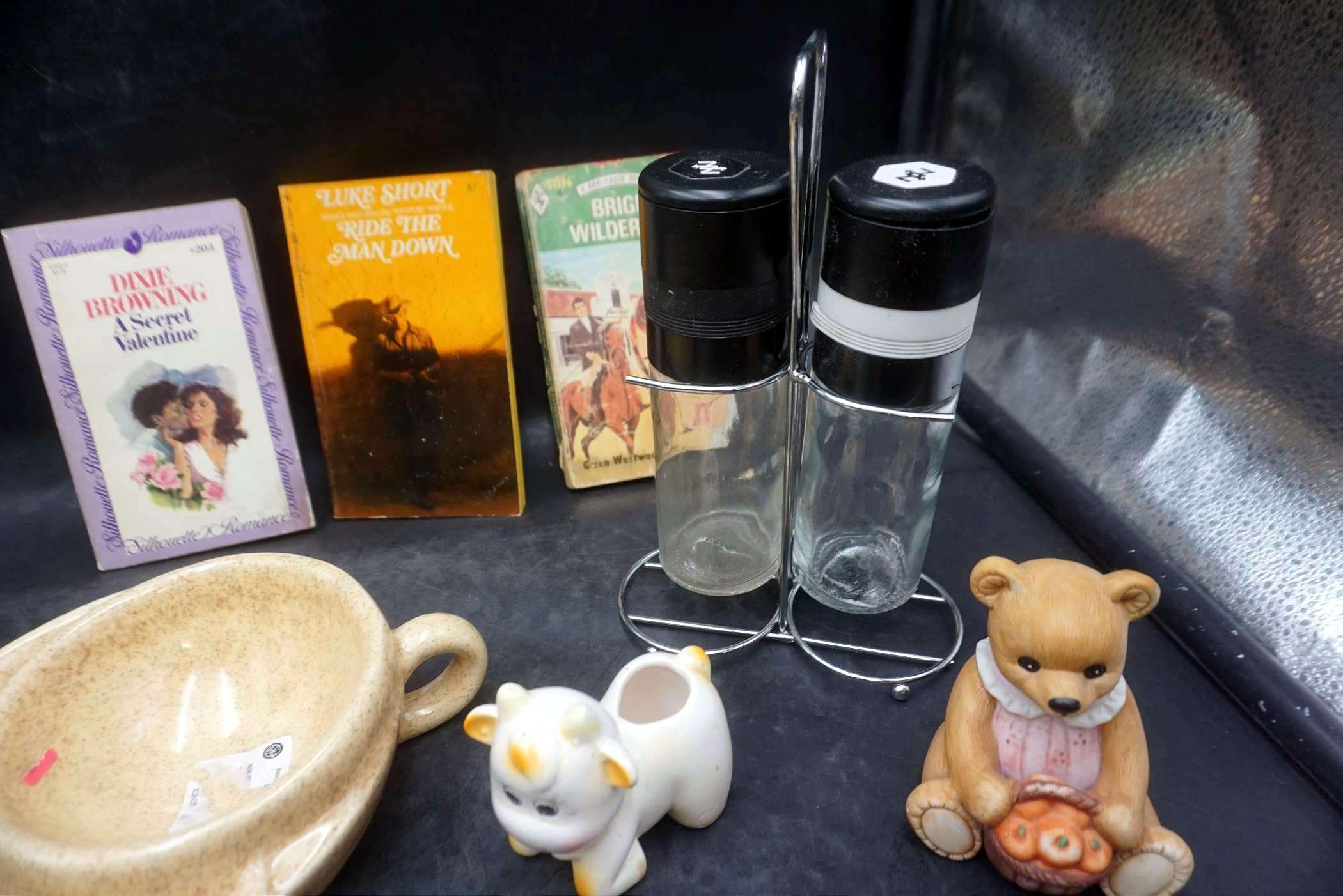 Fluted Glasses, Candy Dish, Cow Planter, Bear Figurine, Shakers & Books
