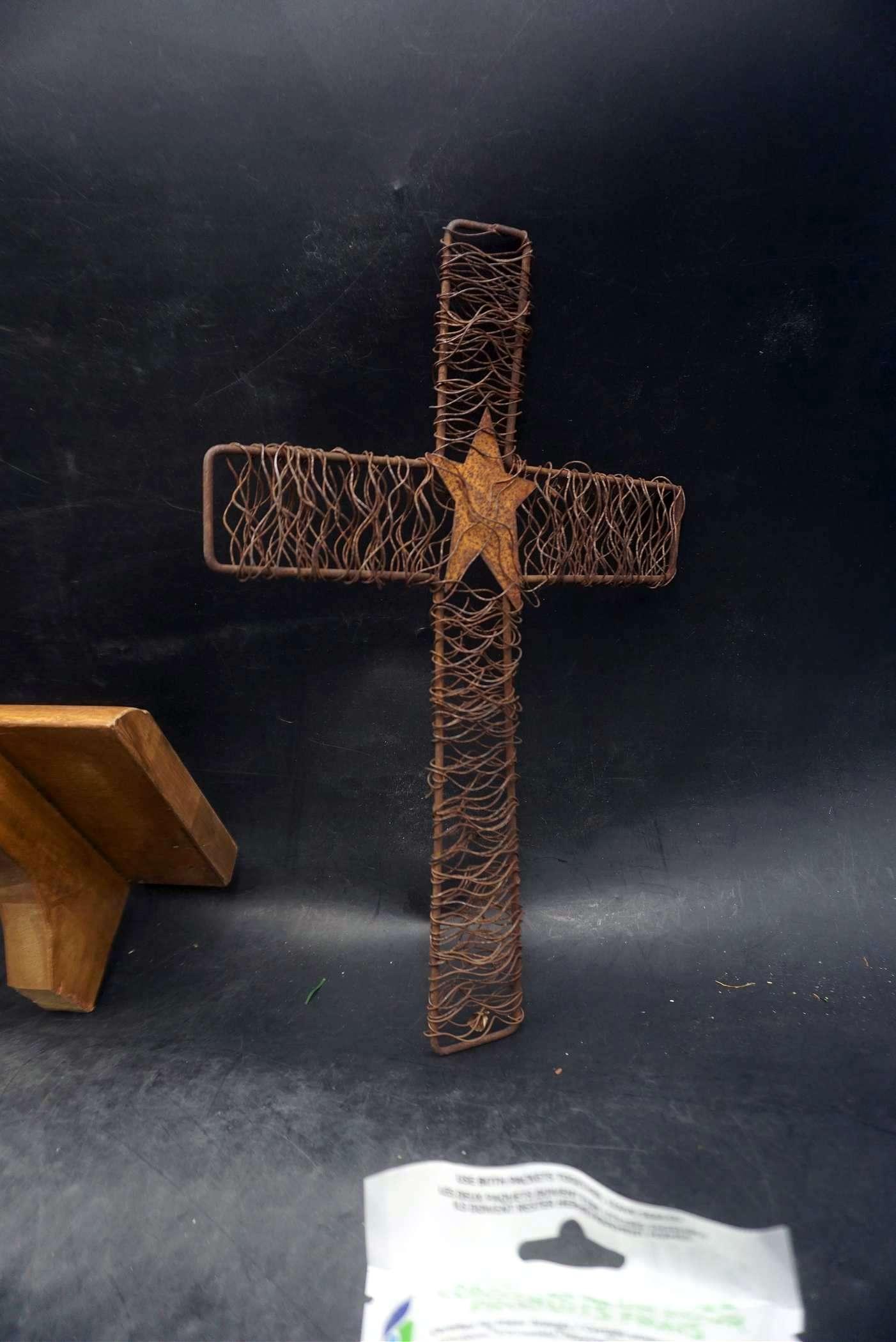 Metal Cross, Wooden Shelf, Angel View