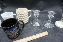 Assorted Mugs (Some Fire-King) & Candlestick Holders