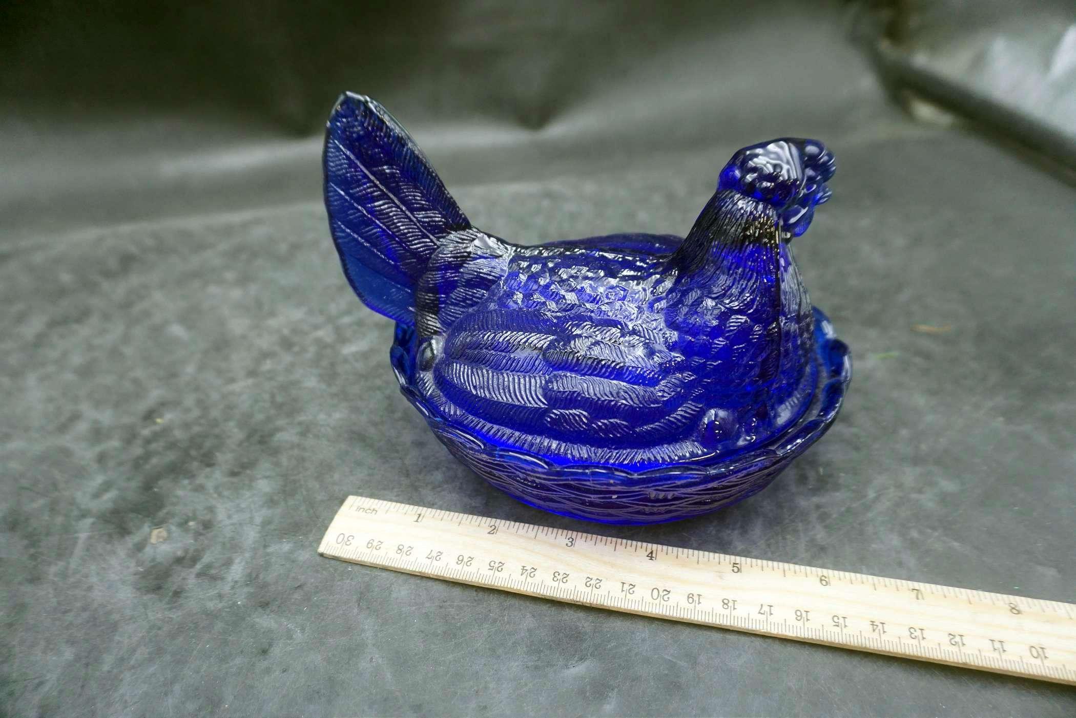 Blue Glass Nesting Hen Trinket Container