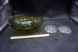 Footed Green Glass Bowl, 2 Flower Frogs