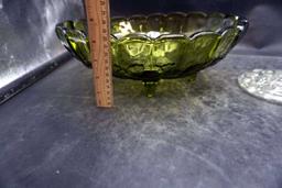 Footed Green Glass Bowl, 2 Flower Frogs