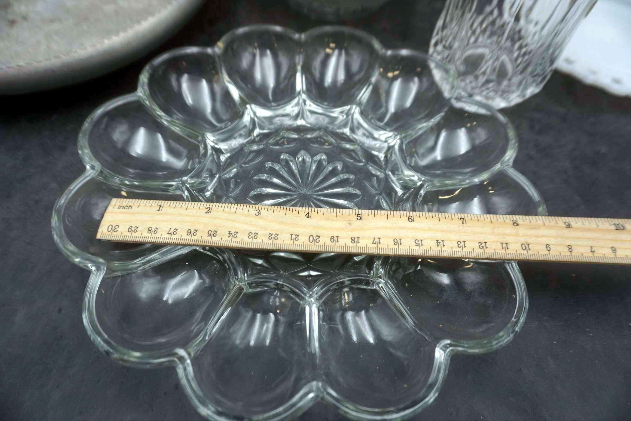 Glass Deviled Egg Holder, Glass Plates, Cup & Platter