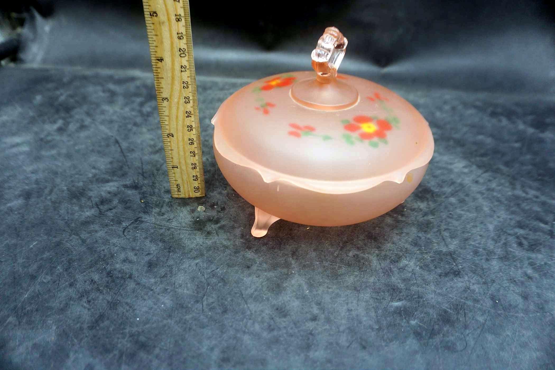 Footed Frosted Pink Glass Painted W/ Flower Bowl W/ Lid