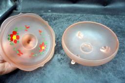 Footed Frosted Pink Glass Painted W/ Flower Bowl W/ Lid
