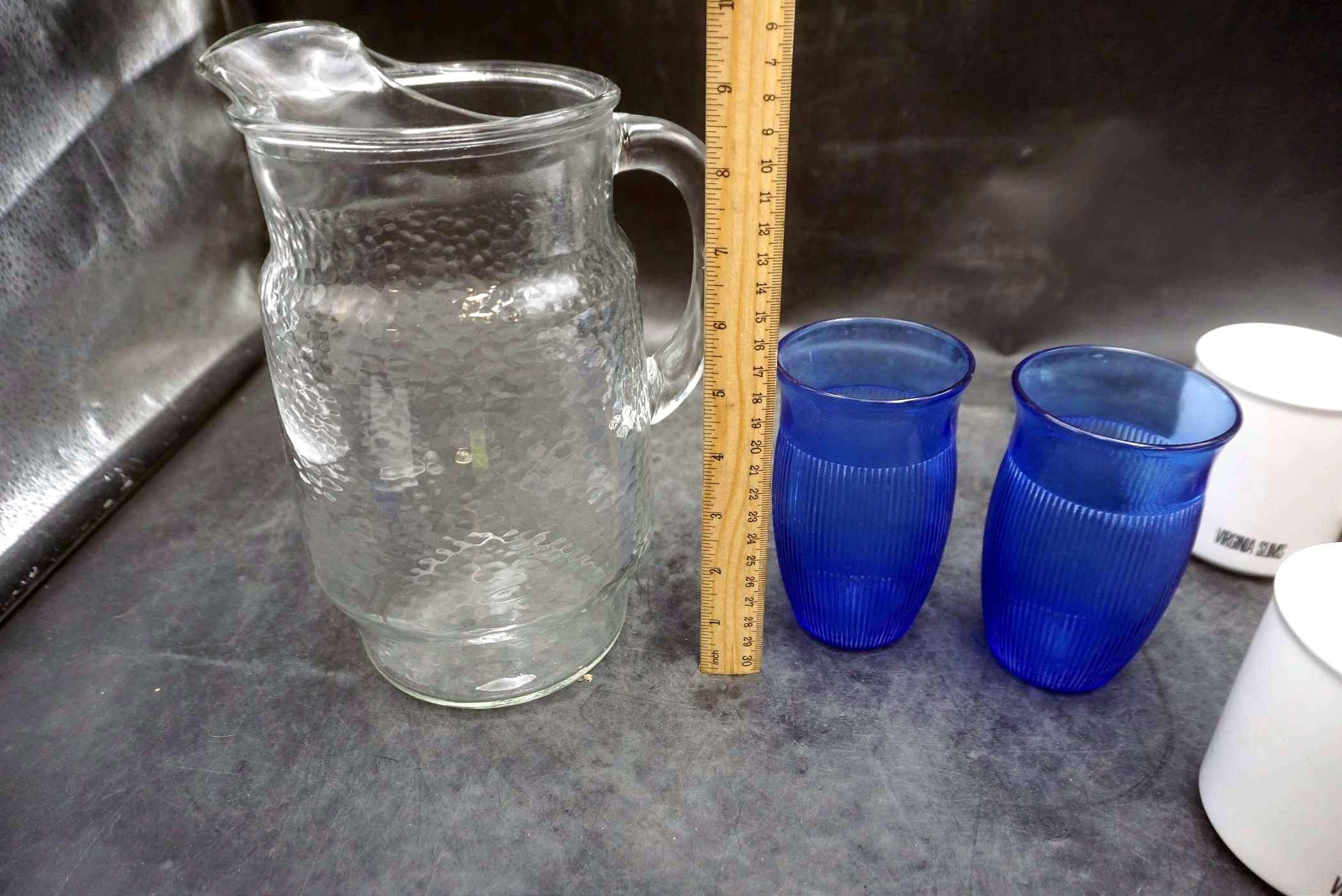 Glass Pitcher, Blue Glasses & Virginia Slims Mugs
