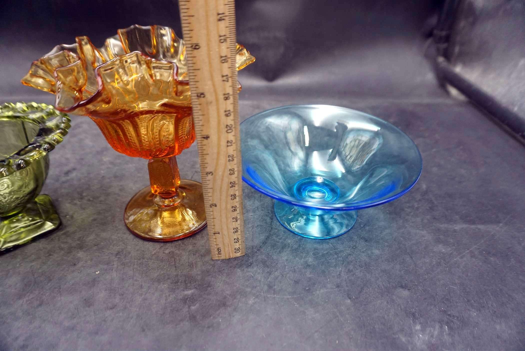 Green Glass Bowl, Orange Ruffle Bowl & Blue Glass Bowl