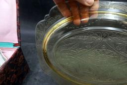 Yellow Glass Decorative Platter (Chipped) & Box W/ China Bowl (Cracks)