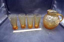 Yellow Glass Pitcher & 3 Glasses (One Broke)
