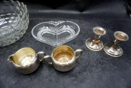 Glass Bowl, Heart Divided Dish, Tudor Plate Cream & Sugar, Candlestick Holders