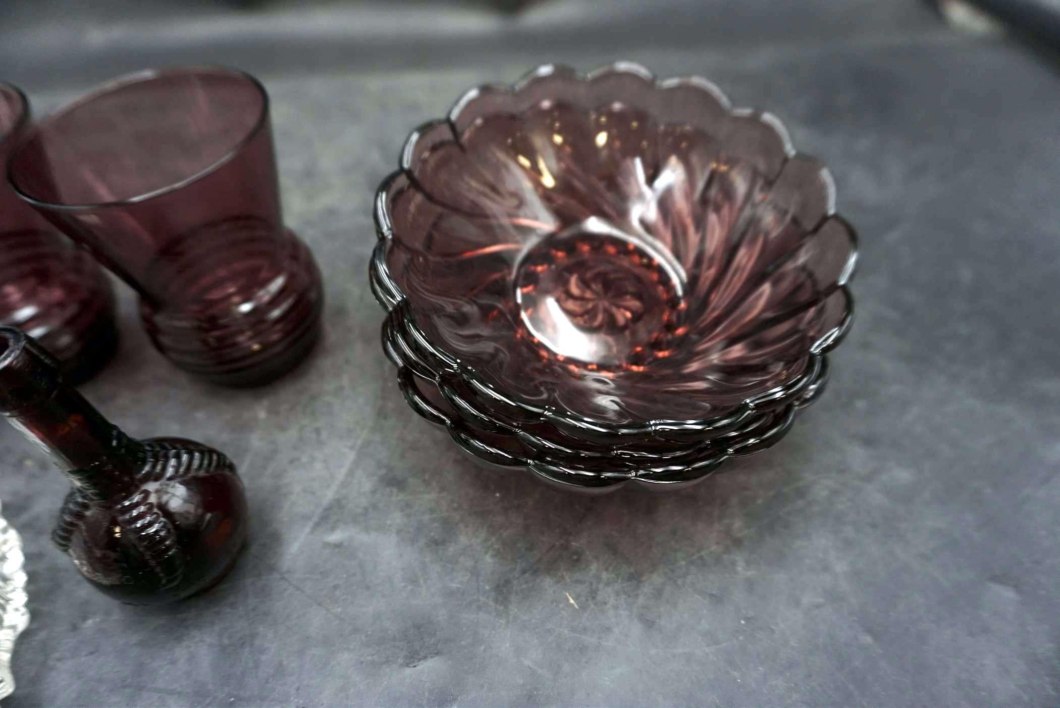 Purple Glass Bowls, Shot Glasses, Cups, Vase & Clear Glass Server