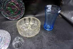 Bird Plates (One Is Imperial), Glass Divided Bowl, Glass Cover & Blue Glass Vase