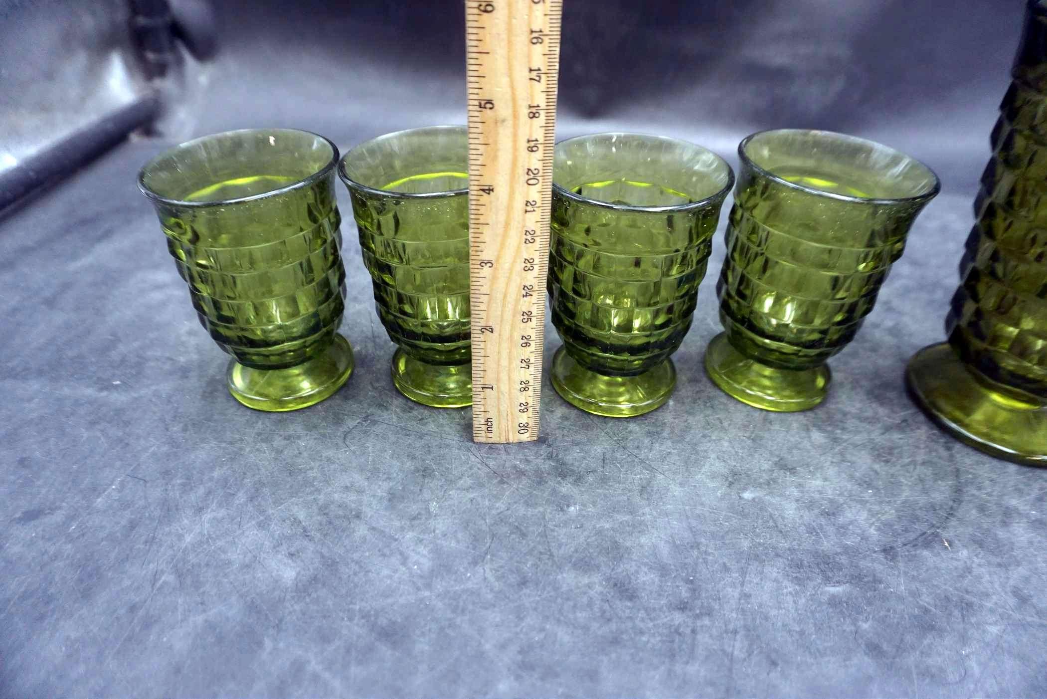 Green Glass Fostoria Vase & Cups