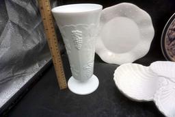 Milk Glass Vase, Plate & Serving Dish, Mount Rushmore Metal Plate