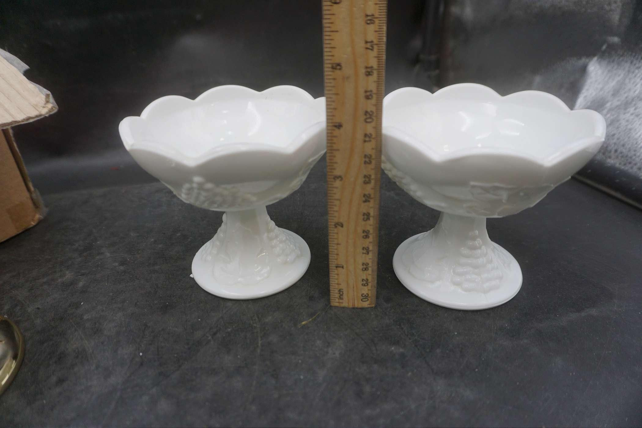 Milk Glass Dishes, Brass Colored Candlestick Holders