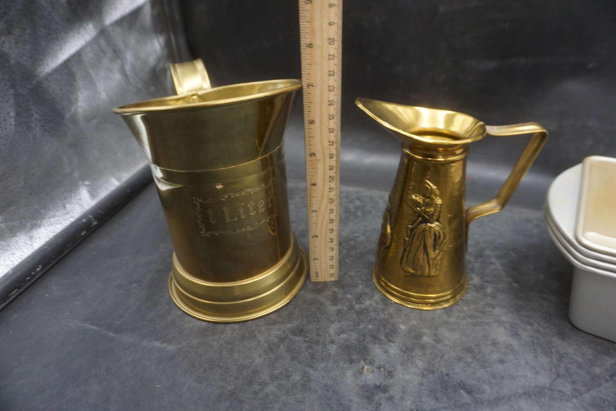 2 Brass Colored Pitchers & Mirro Loaf Pans