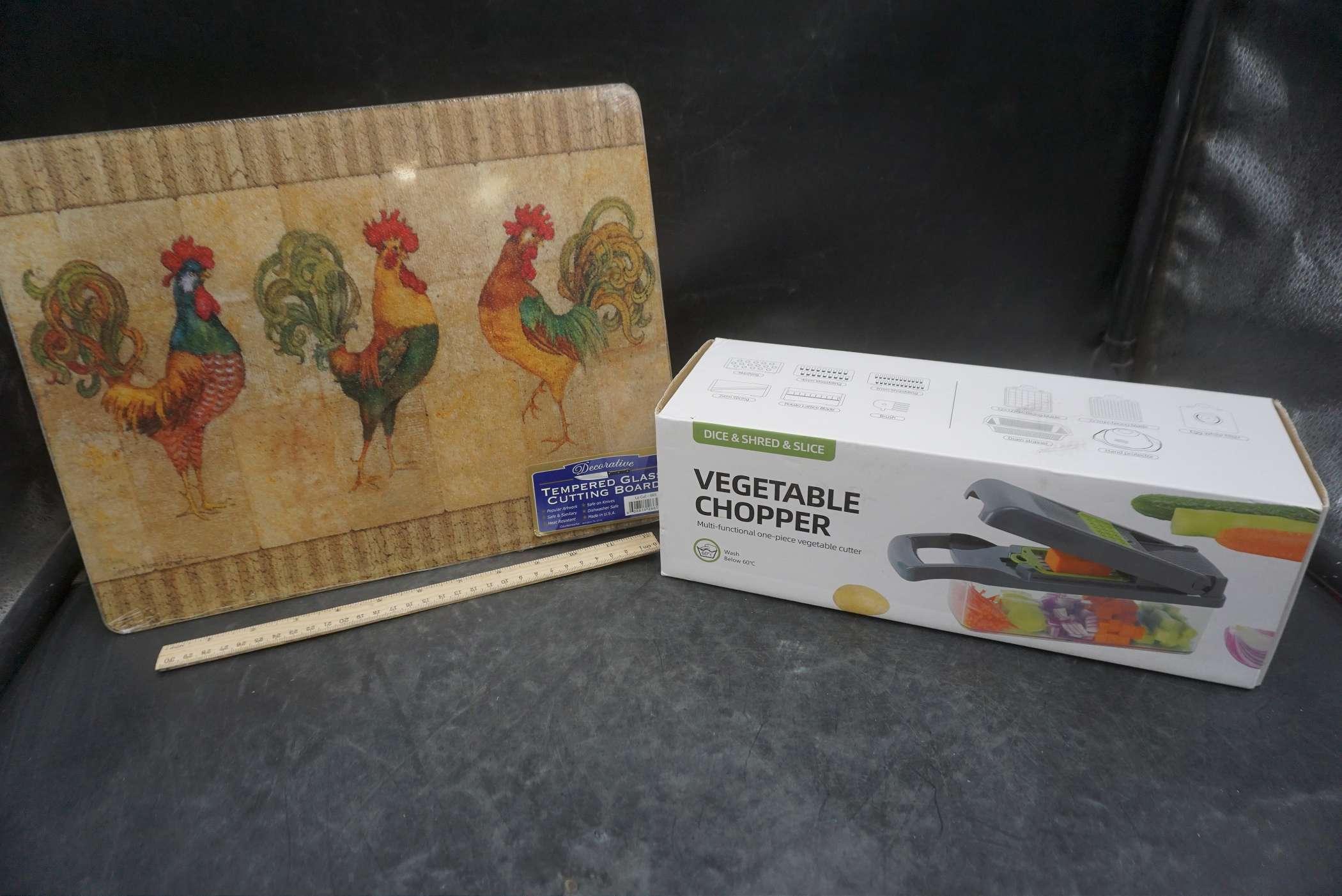 Vegetable Chopper & Rooster Tempered Glass Cutting Board