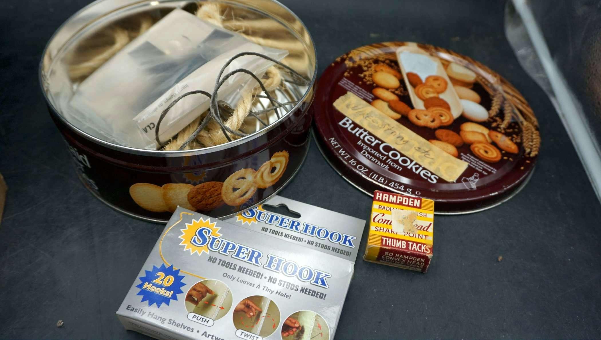 Super Hook , Thumb Tacks, Butter Cookie Tin, Rope