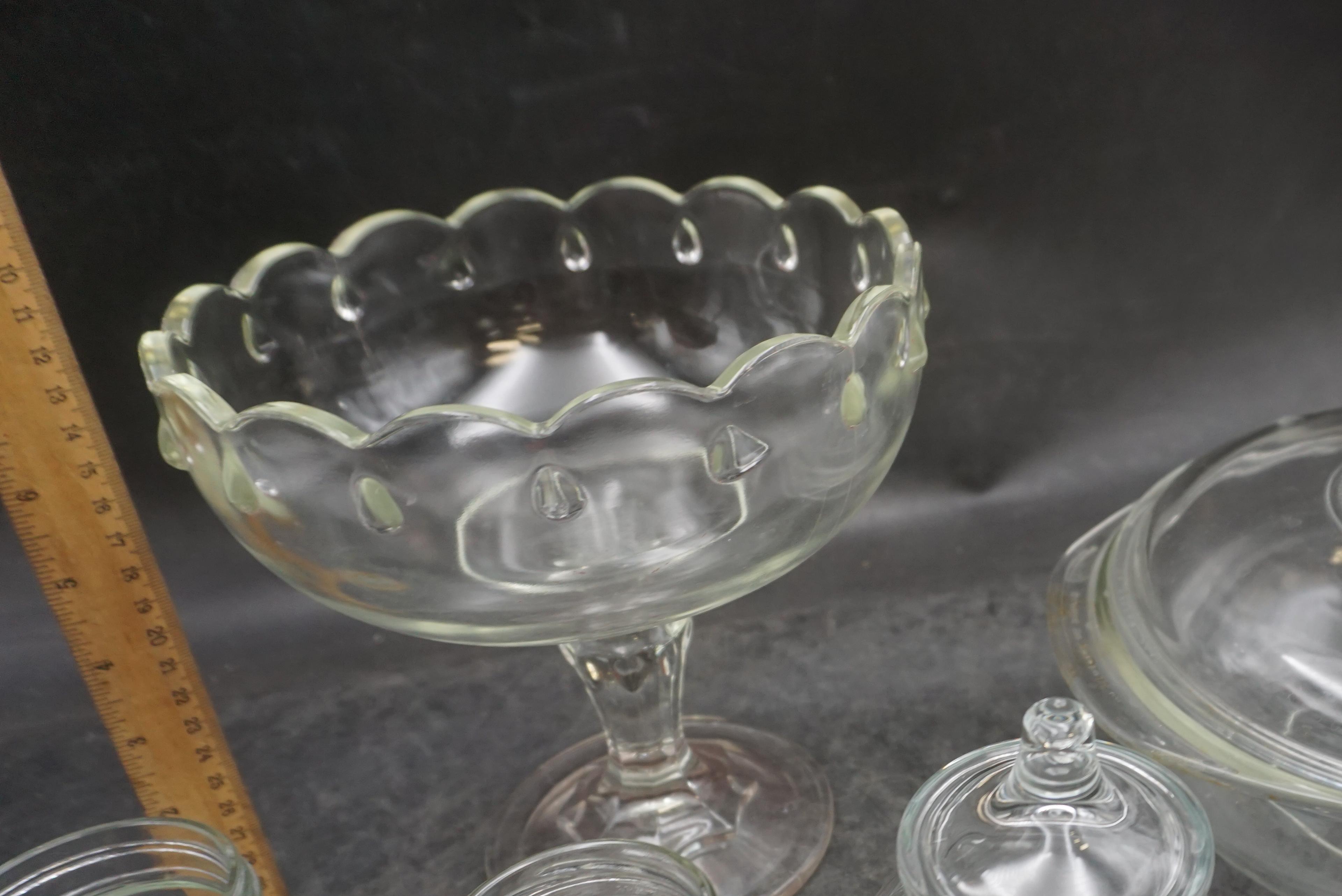 Glass Pyrex Dish W/ Lid, Jars, Glass Compote, Chicken Shakers, Chicken Figurines, Mini Basket