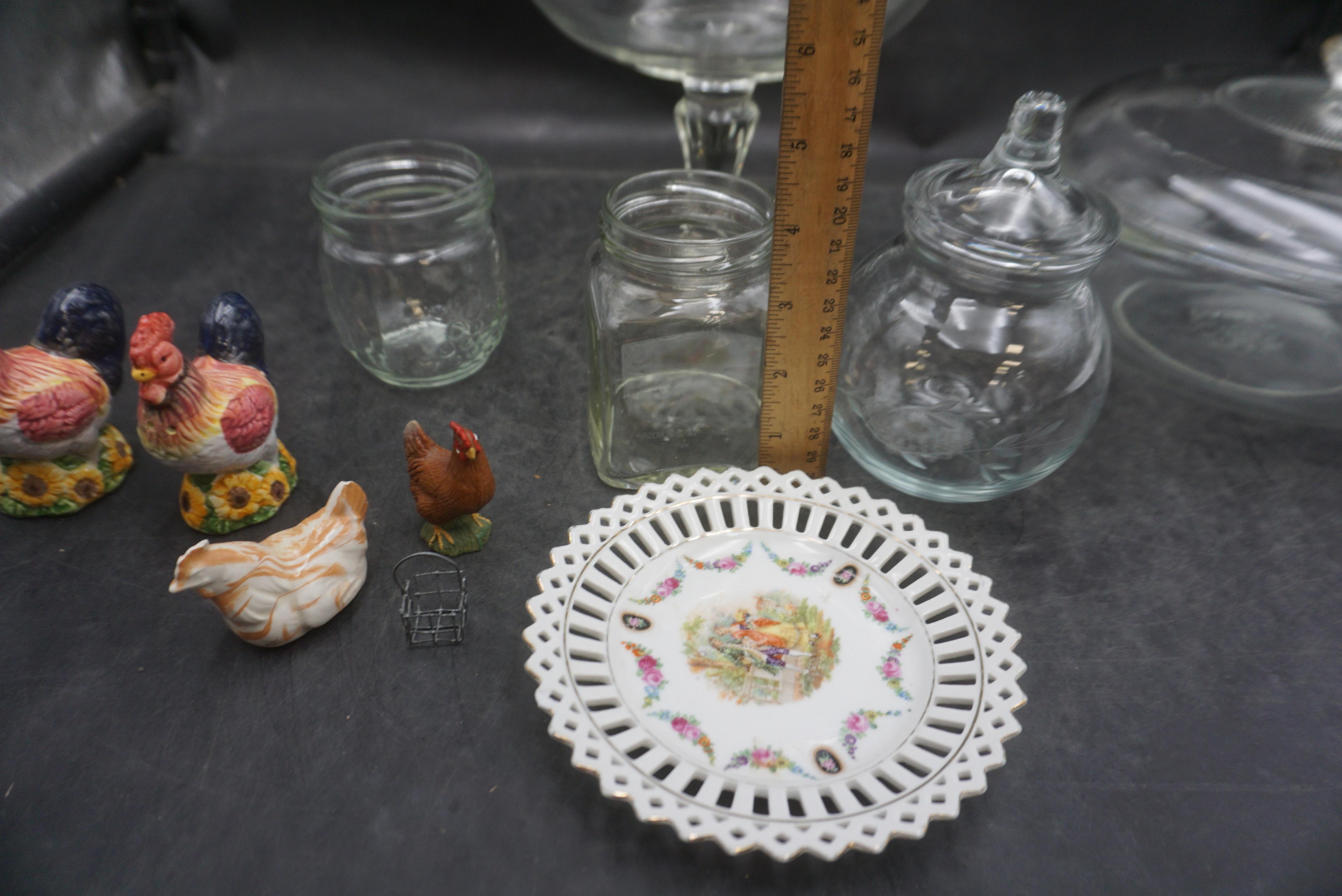 Glass Pyrex Dish W/ Lid, Jars, Glass Compote, Chicken Shakers, Chicken Figurines, Mini Basket