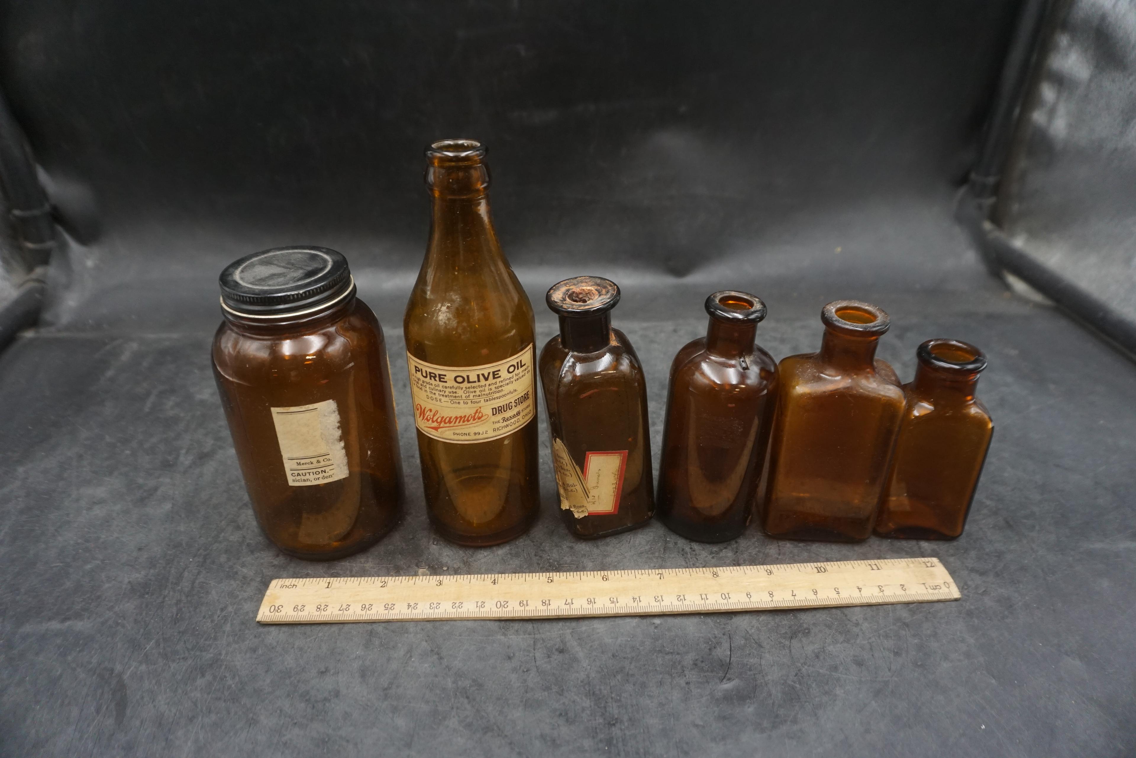 6 - Brown Glass Bottles & Jars