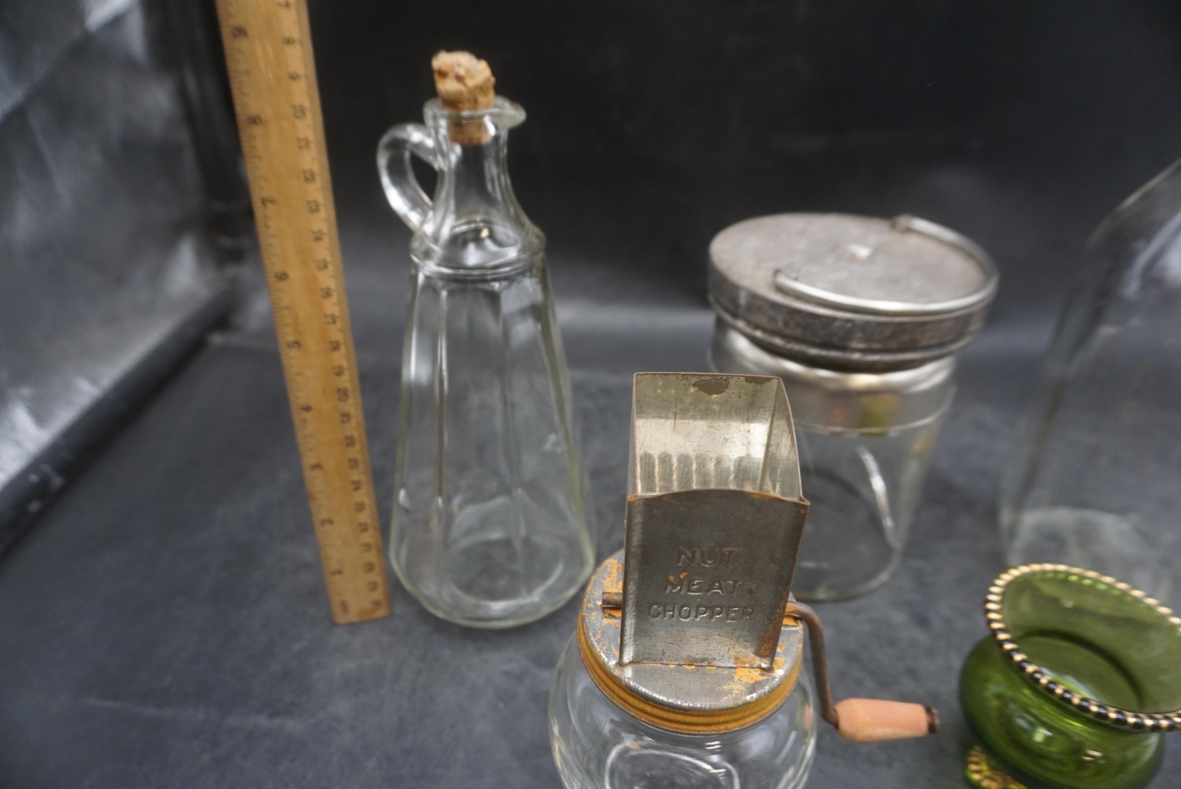 Milk Bottle, Nut Meat Chopper W/ Jar, Decanter, Footed Green Glass Planter