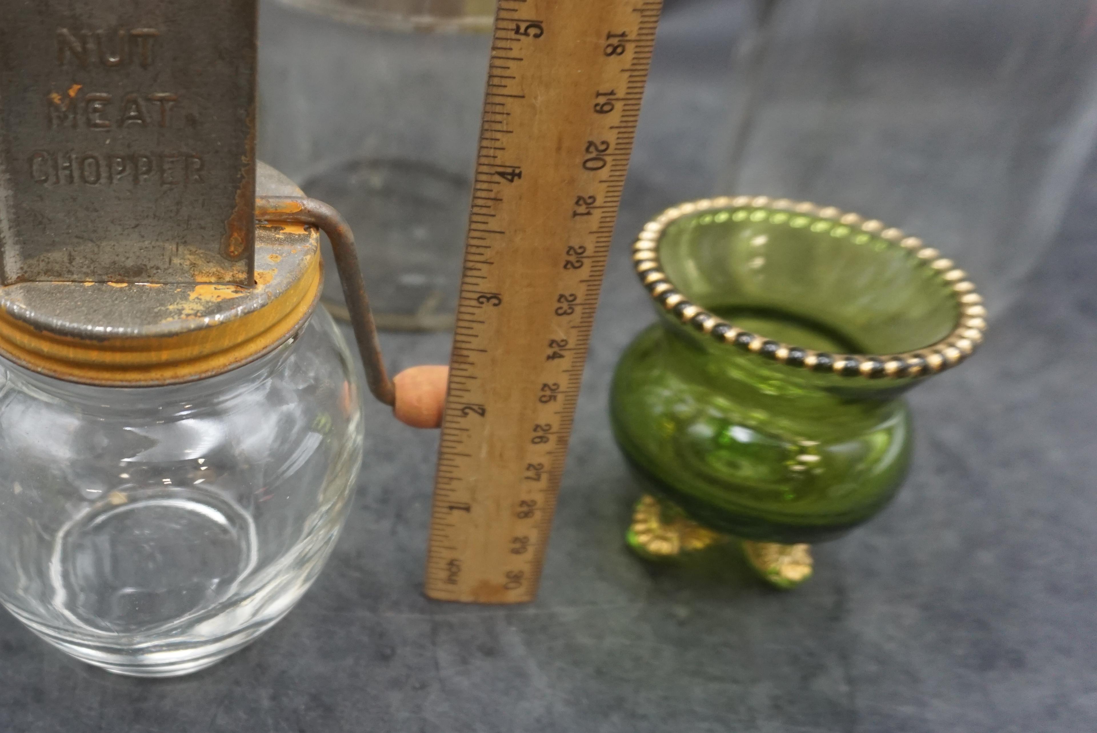 Milk Bottle, Nut Meat Chopper W/ Jar, Decanter, Footed Green Glass Planter