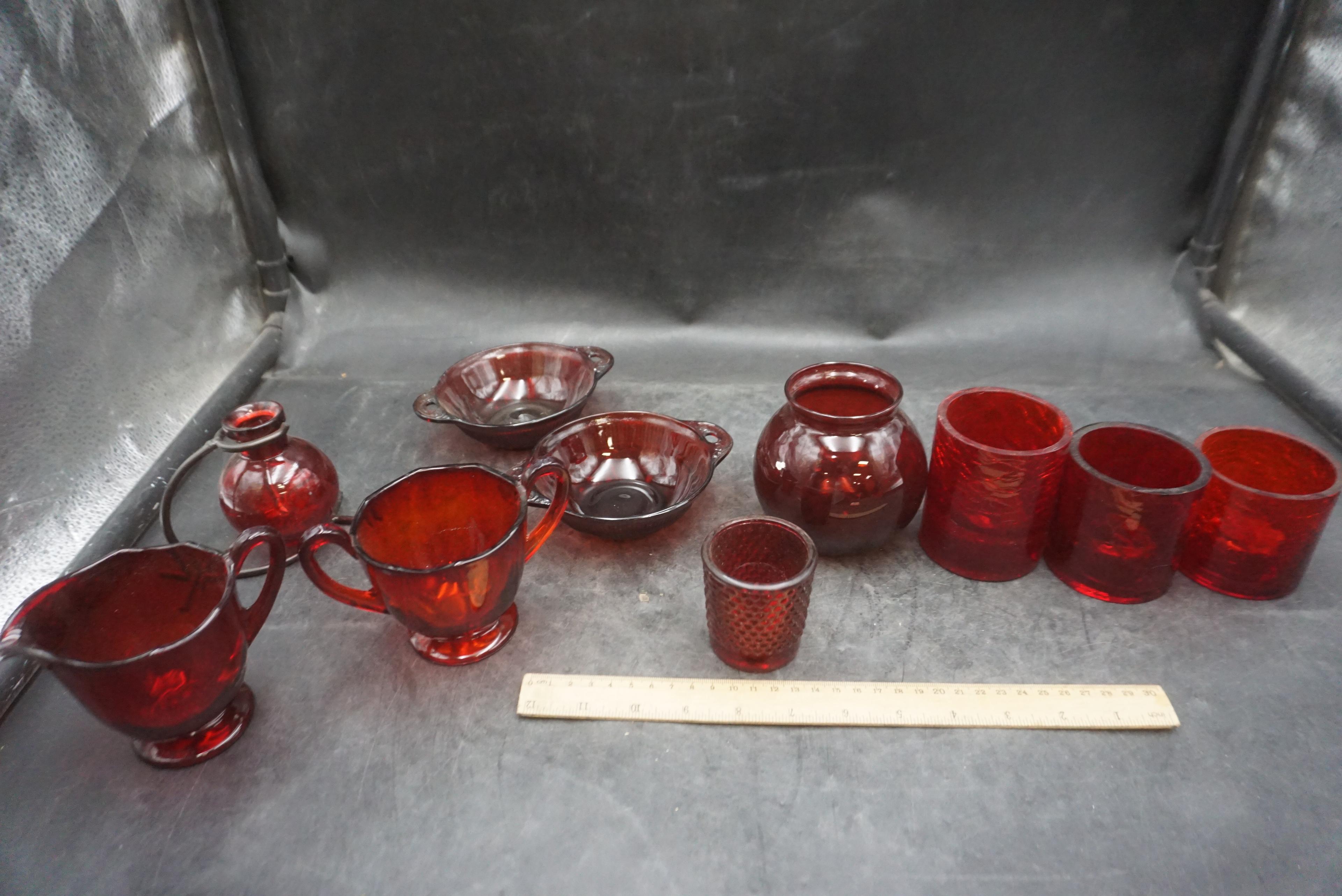 Red Glass Pieces - Cream, Sugar, Bowls, Candle Holders, Cup