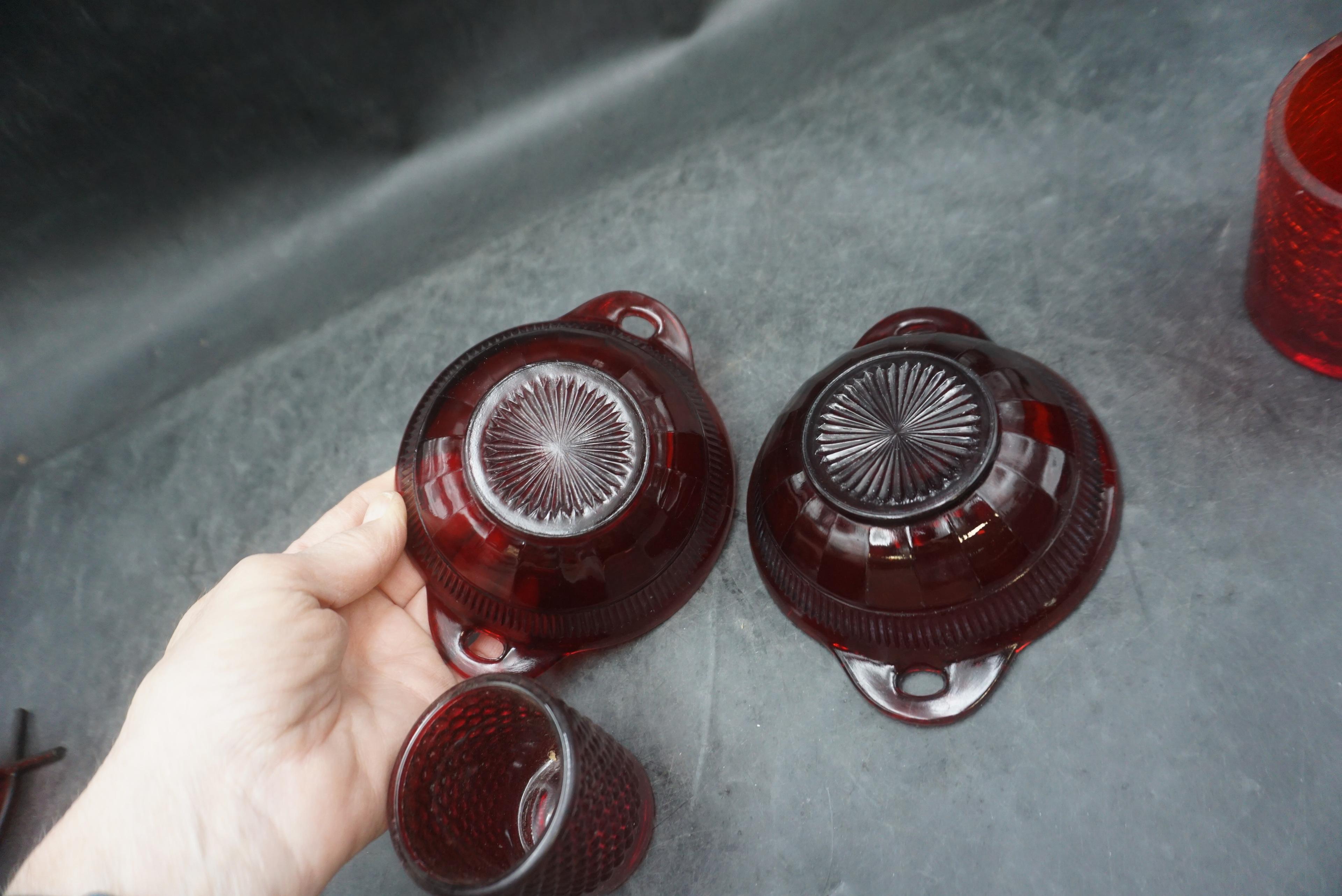 Red Glass Pieces - Cream, Sugar, Bowls, Candle Holders, Cup