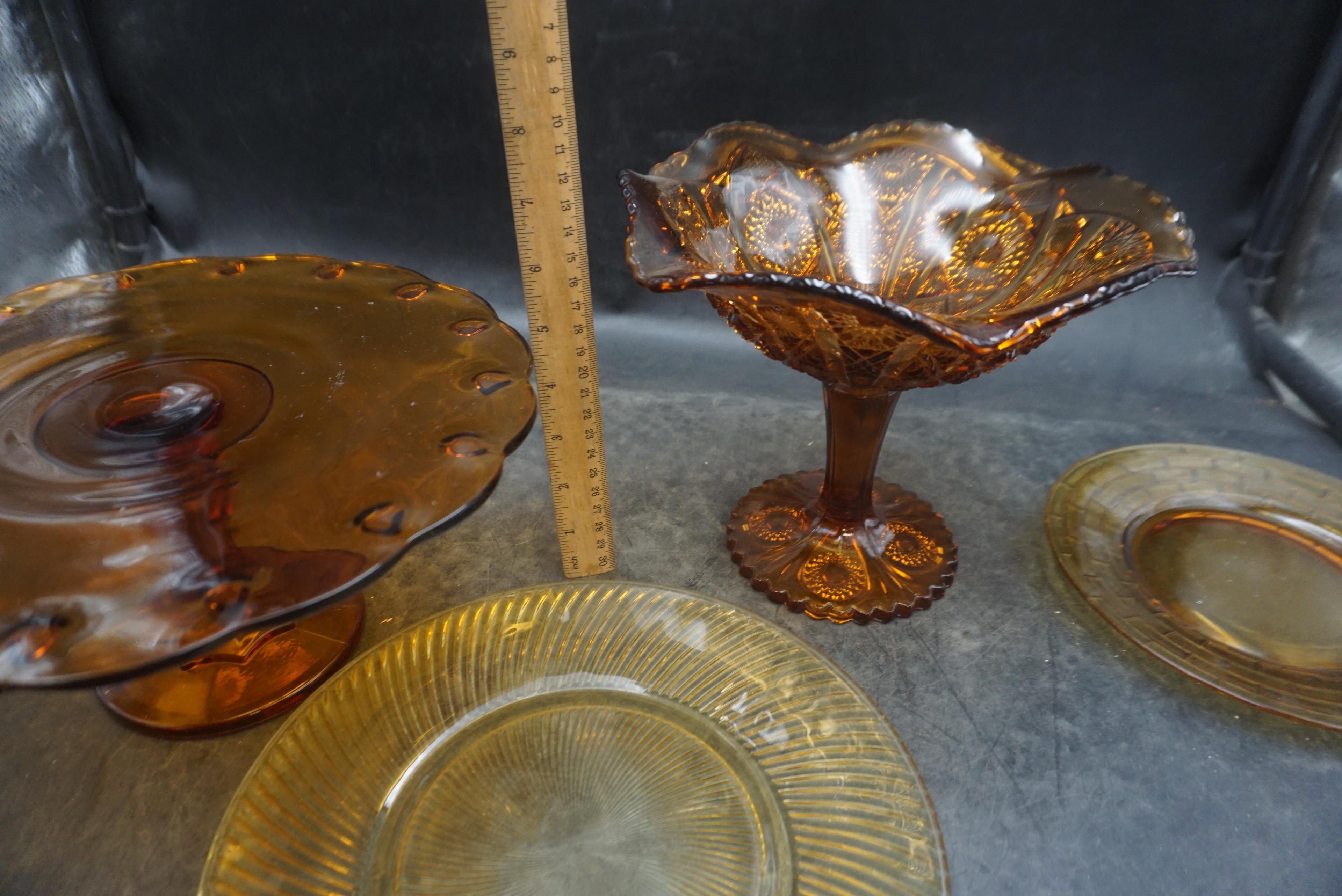 Amber Glass Cake Stand, Compote & Plates