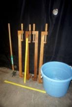 Vintage Wooden Clamps, Yard Tool, Blue Bucket