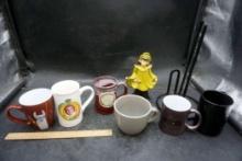 6 Mugs, Lady Figurine & Paper Towel Holder