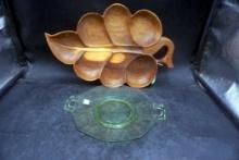 Wooden Leaf Bowl & Green Glass Serving Tray