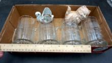 Swan Planter, Cat Figurine & 4 Glasses
