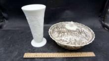 White Milk Glass Fruit Vase & Royal Mail Ironstone Compote W/ Lid