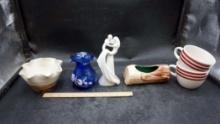 Couple Figurine, Blue Glass Vase, Log Planter, Soup Bowls & Ruffle Bowl