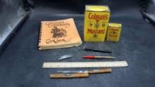 Coleman Community Cookbook, Colman'S Mustard Tins, Writing Utensils & Knife