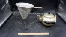 Teapot, Strainer & Metal Stand