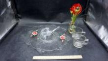 Glass Flower Platter, Glass Flower, Creamer & Sugar, Vase W/ Faux Flowers