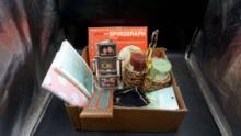 Spirograph, Candle Holders W/ Candles, Notebooks, Crown Royal Bag, Picture Reel, Game