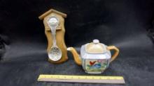 Teapot (Made In Japan) & Large Collector Decorative Spoon W/ Plaque