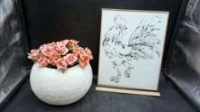 Framed Rooster Picture & Planter W/ Roses