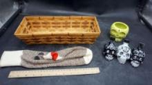 Basket, Sock Monkey, Skeleton Bottles & Ceramic Skeleton