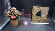 Faux Flower Plant, Glass Vase, Decorative Mirror
